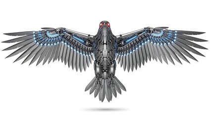 Advanced cyborg eagle with spread metallic wings and glowing blue light details, symbolizing future technology.