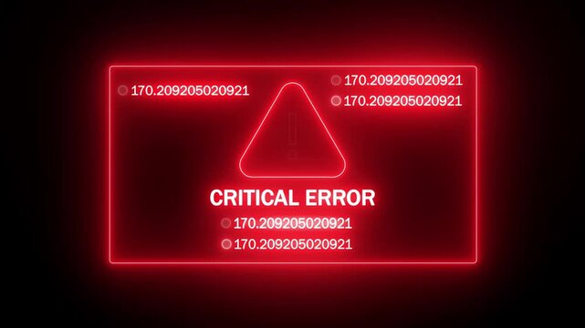 neon red critical error sign with random code numbers. high priority computer bug visualization. software crash alert with warning icon. virtual interface fatal error concept.