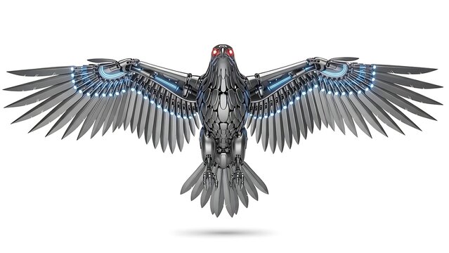 Advanced cyborg eagle with spread metallic wings and glowing blue light details, symbolizing future technology.