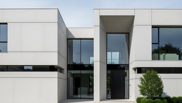 Modern minimalist house facade with large windows and clean geometric lines under a clear sky for architectural design inspiration