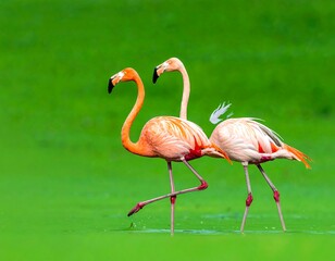 Two pink flamingos wading gracefully in green-tinted water