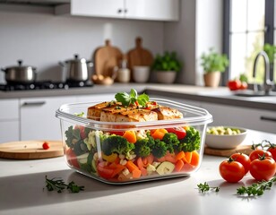Meal prep container of cooked chicken and vibrant, fresh vegetables
