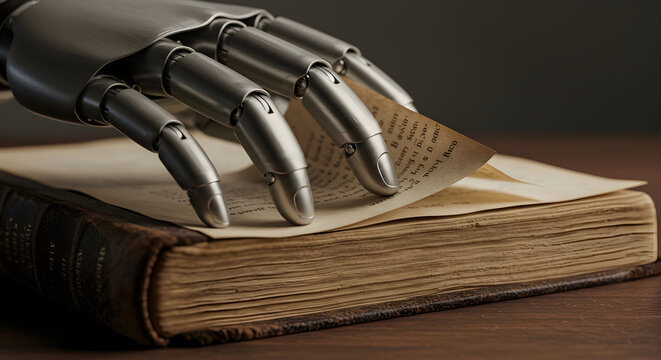 Robotic Hand Turning Pages of an Antique Book Representing the Intersection of Technology and Knowledge in a Modern Context - Powered by Adobe