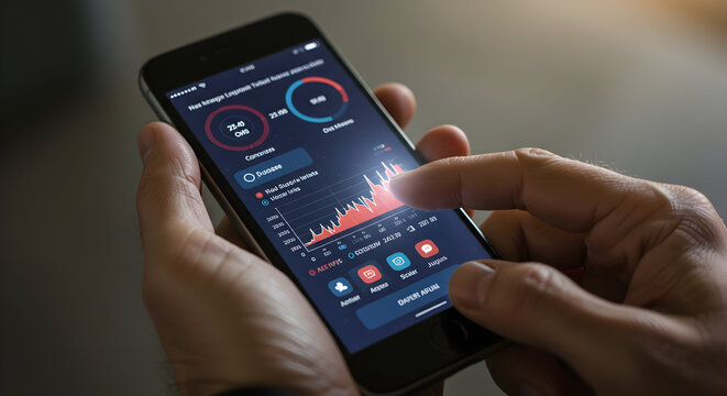 Close-Up of a Hand Interacting with a Smartphone Displaying Financial Analytics Data and Graphs in a Modern Business Environment