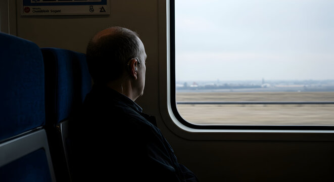 Thoughtful Man Gazing Out of a Train Window During a Journey Through a Serene Landscape with Soft Cloudy Sky