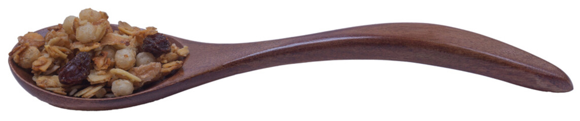 Isolated wooden spoon with muesli on a white background, side view, copy space