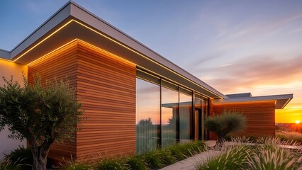 Contemporary luxury home with striking wood facade, expansive glass windows, and illuminated led lighting at sunset