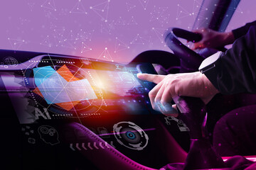 Futuristic car touchscreen interface with AI technology and driver interaction in a modern digital cockpit scene