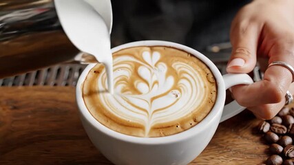 barista pouring milk to create rosette latte art, closeup hands holding stainless pitcher and ceramic cup on wooden counter, scattered coffee beans, creamy foam and steaming crema, precise fluid