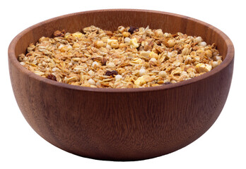 Isolated wooden bowl with granola on a white background, side view, copy space