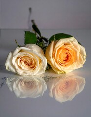 Two roses, one white, one peach, with stem and reflection