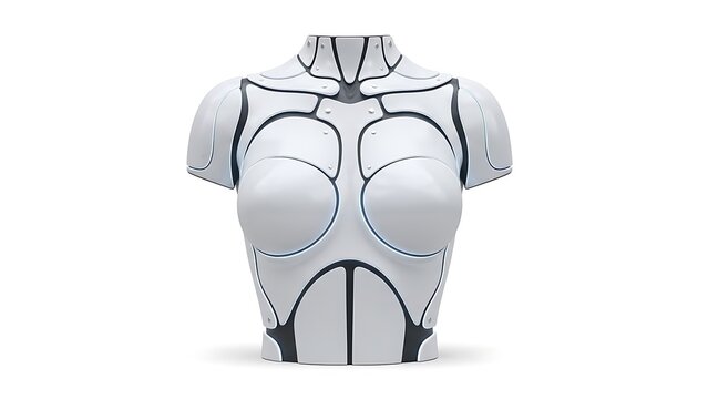 White futuristic female robot torso with sleek design and intricate paneling, representing advanced ai