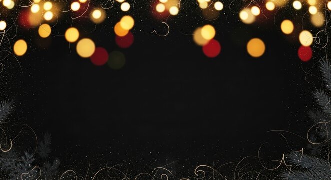 Christmas lights frame on a black background with snowflakes and pine branches. - Powered by Adobe