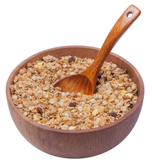 Isolated wooden bowl with granola on a white background, side view, copy space
