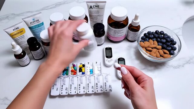 overhead supplement sorting and wellness routine: hands filling weekly blister tray from multiple vitamin and supplement bottles, bowls of almonds and blueberries and glucose meter on marble surface,