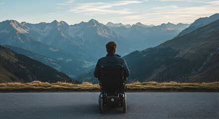 Man in Wheelchair Enjoying the Majestic Mountain View Amidst Clear Sky and Rolling Hills During Golden Hour