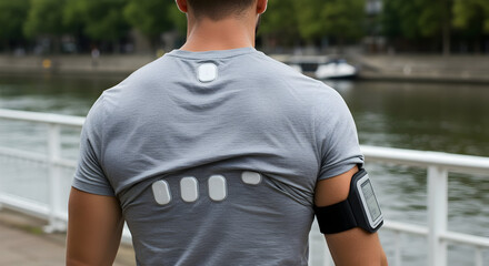 Man Wearing Technology Fitness Monitor on Back Near Riverbank in Urban Environment During Outdoor Exercise