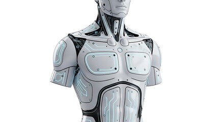 Futuristic white humanoid robot torso with glowing blue circuits representing advanced artificial intelligence and cybernetics