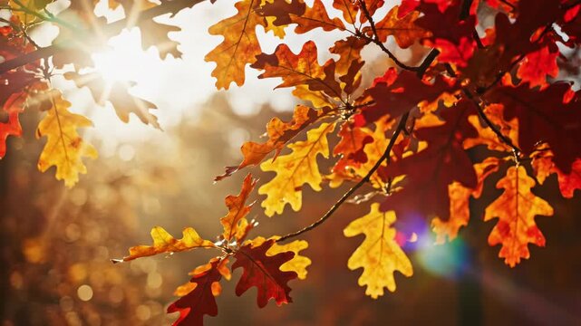 Close up of vibrant orange and red oak leaves backlit by the bright sun during a beautiful autumn season