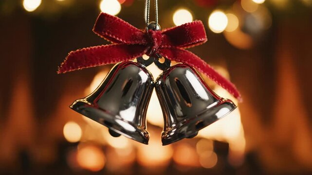 Silver jingle bells with red ribbons hanging in warm festive glow. Christmas decoration evoking holiday joy and winter celebration theme.
