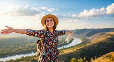 Embracing Scenic Views: A joyful woman standing on a hilltop, arms wide, expressing happiness as she enjoys the stunning panoramic view of a meandering river beneath a bright sky.