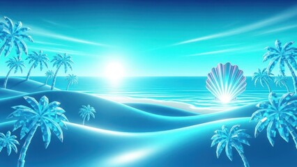 A serene beach scene with a glowing seashell and palm trees at sunset.