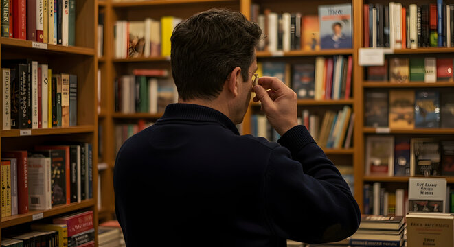 Thoughtful Man Browsing Books in Cozy Library with Wooden Shelves Filled with Various Literature Genres