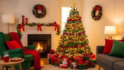 A festive red and green living room, complete with a bright Christmas tree, wrapped gifts, and a cozy armchair
