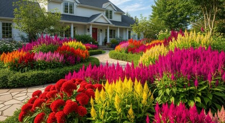Fototapeta premium Floral Fantasy: A symphony of color unfolds in a meticulously landscaped garden, showcasing vibrant flowers and a welcoming home, creating a picturesque scene of serenity and natural beauty.