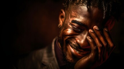Man smiling shyly with hand on face in warm dramatic lighting, perfect for emotion-focused blogs, mental health articles