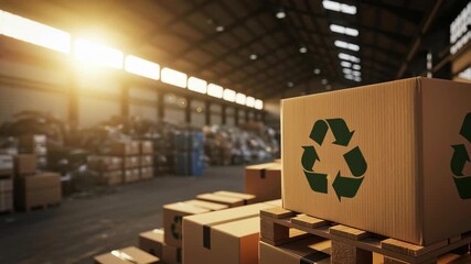 Circular economy initiative sustainability recycling environment waste renewable industry pollution ecology resource planet warehouse pallet cardboard box recycling symbol sunlight logistic packaging - Powered by Adobe