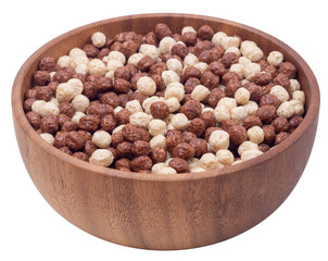 Isolated wooden bowl with corn balls breakfast on a white background, side view