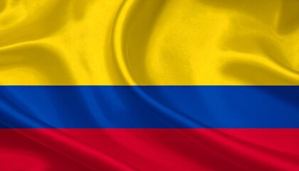Fototapeta premium Colombia flag with yellow, blue, and red horizontal stripes, fabric texture and folds.