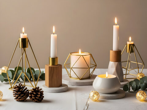 candlestick with candles, Cheerful young woman takes selfie in colourful room with pink hearts and neon lights. Smiling female blogger records video content. Girl with smartphone creates joyful online