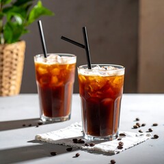 Two tall iced coffee beverages with straws and ice cubes