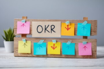 Colorful sticky notes forming a simple OKR concept layout 