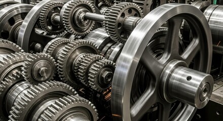 Fototapeta premium Gear System: A complex network of interlocking gears and cogs, a testament to mechanical precision and engineering prowess.
