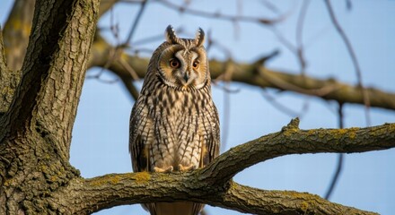 Obraz premium Wise Owl's Perch: An owl with striking features finds sanctuary in a tree, its keen gaze surveying the world, embodying wisdom, vigilance, and the wild heart of nature.