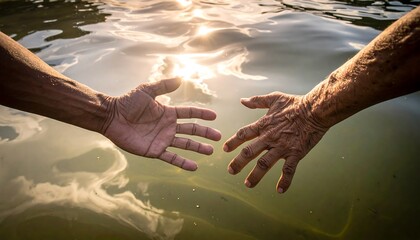 Two hands reaching out above water towards sunlight