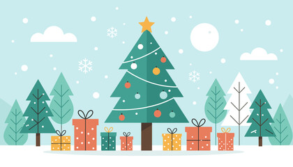 Fototapeta premium Festive Christmas tree decorated with gifts in winter landscape 