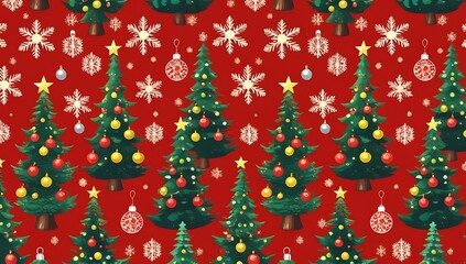 Seamless pattern of decorated christmas trees and snowflakes on red background