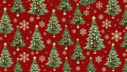 Festive christmas tree pattern with snowflakes on red background