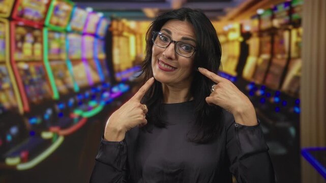 Middle aged hispanic woman points finger to cheeks beside vibrant glowing slot machine rows in casino; joy.
