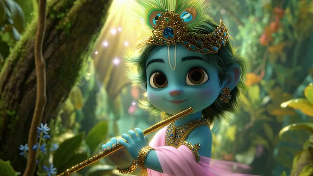 Cute Baby Krishna playing flute in lush green forest, divine Hindu deity, spiritual animation, vibrant nature, peaceful ambiance, cultural celebration