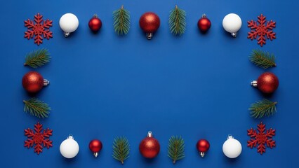 Christmas frame with ornaments, snowflakes and fir branches on blue background.