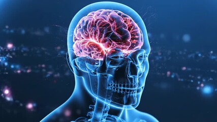 Xray view of human head showing glowing brain activity and neural network connections in dark blue background - Powered by Adobe