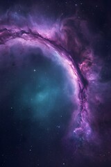 A breathtaking curved nebula glowing in vibrant shades of purple and blue, stretching like a cosmic arc across the deep star-filled sky.