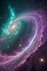 A breathtaking curved nebula glowing in vibrant shades of purple and blue, stretching like a cosmic arc across the deep star-filled sky.