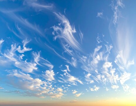 Vast blue sky filled with wispy cirrus clouds and sunrise colors