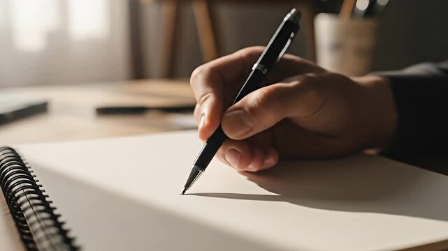 A close-up shot of a persons hand writing in a notebook with a pen, capturing the focused action of writing.